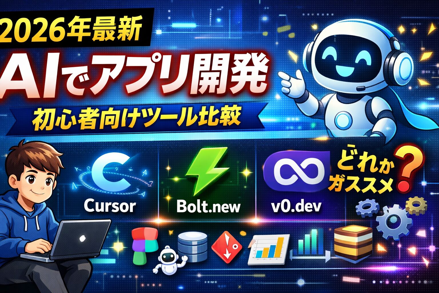 【2026年最新】プログラミング不要に近い体験！AIエージェントでアプリ・Webツールを自作できる最強ツール3選（Cursor / Bolt.new / v0.dev）