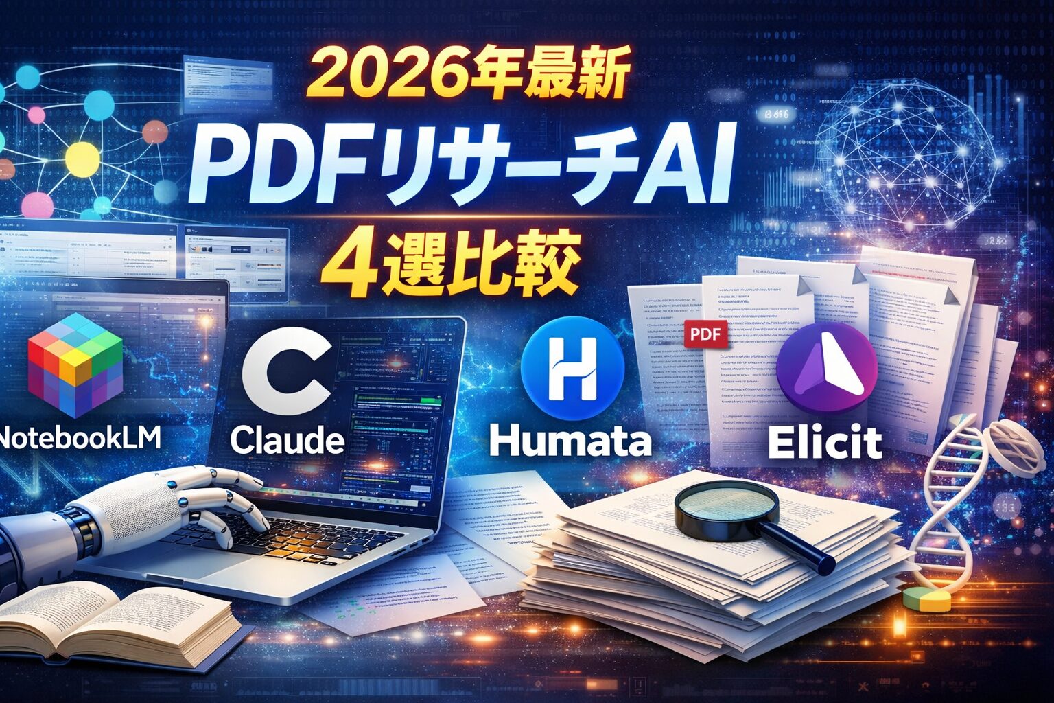 【2026年最新】資料読み込みはAIに任せる時代！最強のリサーチ・PDF要約ツール4選を徹底比較（NotebookLM / Claude / Humata / Elicit）