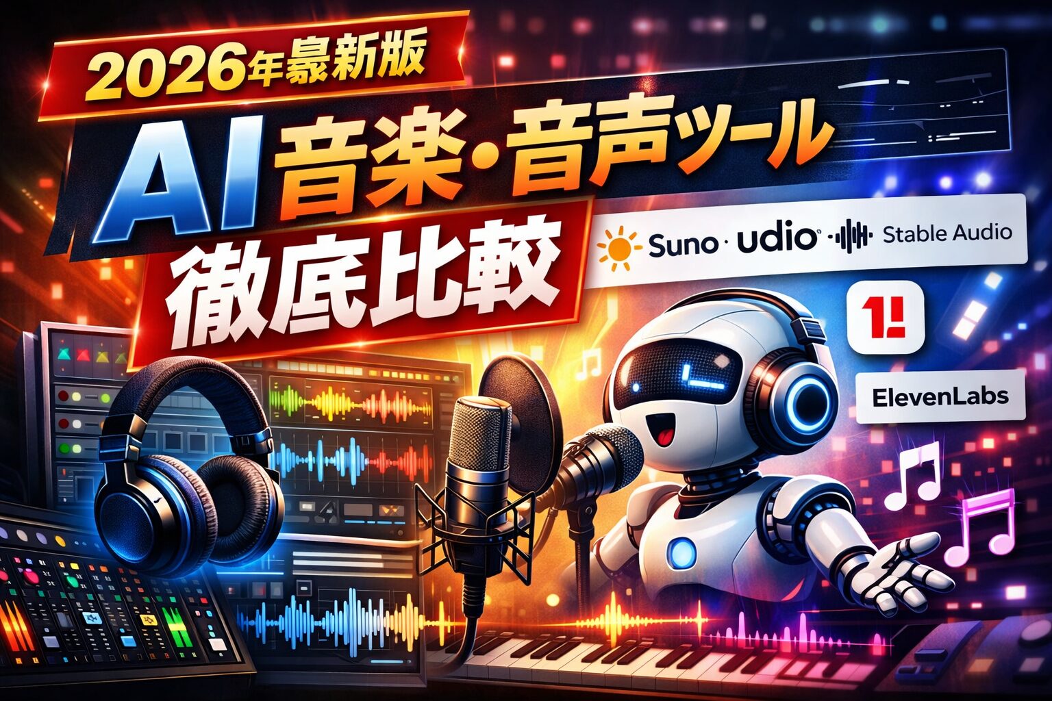 【2026年最新】YouTube・SNSのBGMはAIで作る時代！最強のAI作曲・音声合成ツール5選（Suno / Udio / ElevenLabs）徹底比較