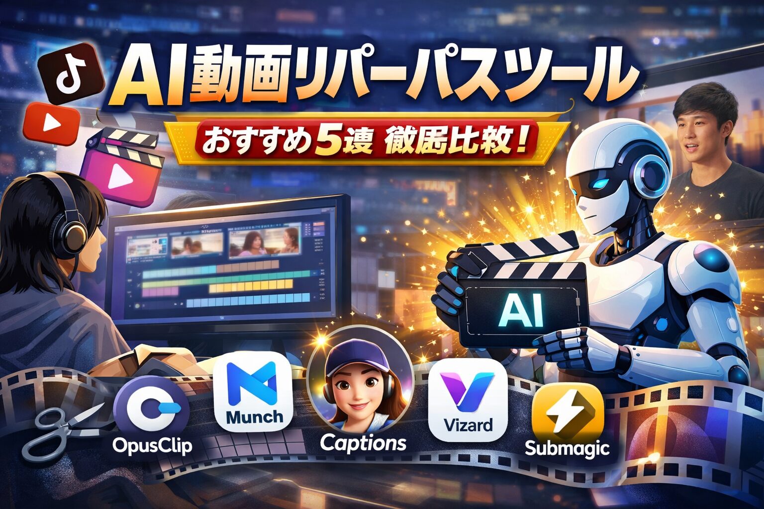 【2026年最新】1つの動画が10倍の資産に！最強のAI動画リパーパス（再利用）ツール5選を徹底比較（OpusClip / Munch / Captions / Vizard / Submagic）